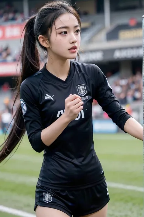 beautiful detail, best quality, 8k, highly detailed face and skin texture, high resolution, cute asian girl in black soccer uniform at stadium, sharp focus