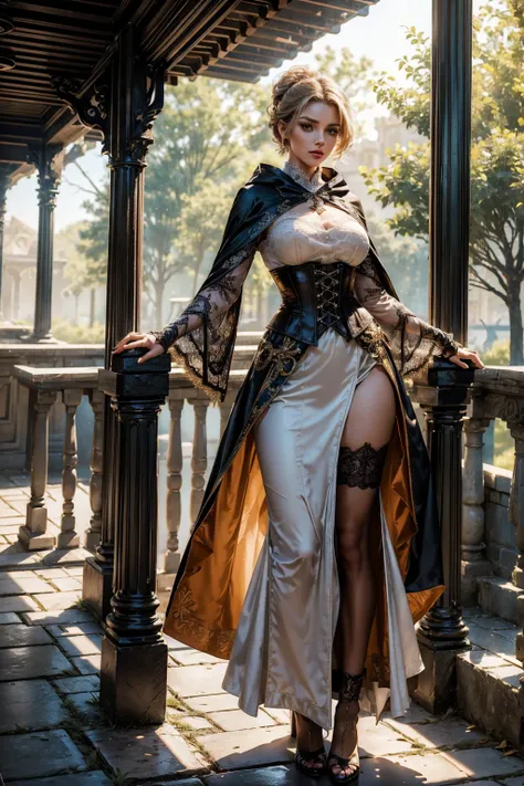 ((show full body from head to toe, standing, body facing to the viewer (show front body)). Tall body, fit body, slender body, medium breast. A female wizard wearing brown and white clothes, long sleeves(lace sleeves), skirts, corset, cloak, robes, cape, pa...