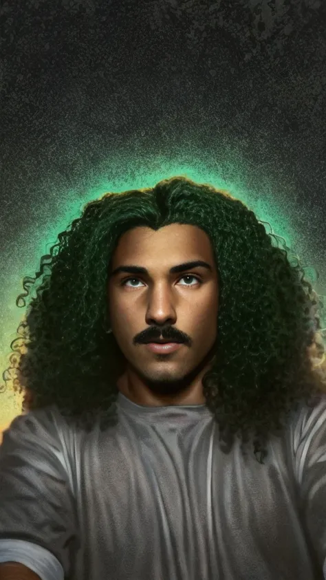 Um homen branco ! De 19 anos com cabelo cacheado e uma camisa verde, com cabelos longos e cacheados, curls on top of the head, cerca de 19 anos, HOMEN, full head shot, com cabelos longos e cacheados, corte de cabelo cacheado com parte do meio, HOMEN, cabel...