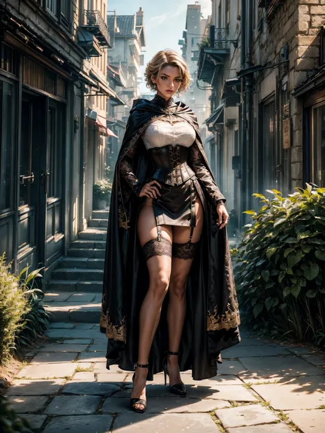 ((show full body from head to toe, standing, body facing to the viewer (show front body)). Tall body, fit body, slender body, medium breast. A female wizard wearing brown and white clothes, long sleeves(lace sleeves), skirts, corset, cloak, robes, cape, pa...