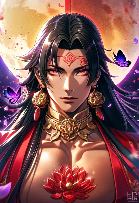 (absurdres, highres, ultra detailed, HDR), master piece, best quality, vibrant red eyes, 1man, handsome face, Asura, tanned skin, black untamed long hair, black hair, red lotus mark on the forehead, red tunic, showing the chest, lotus earrings, onmyoji, mo...