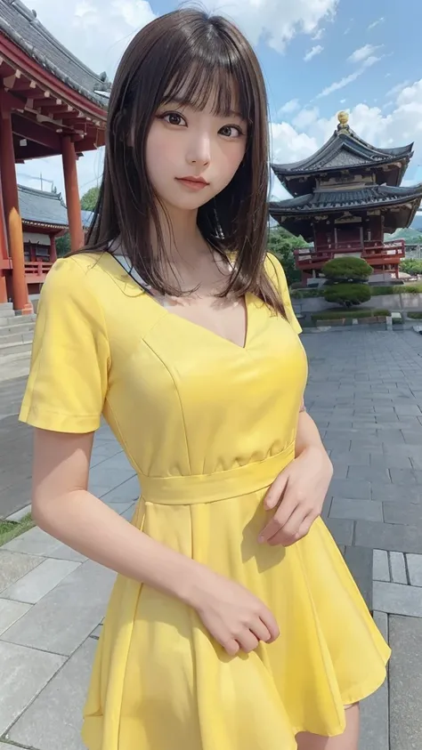 (8k, RAW Photo, Best Quality, Masterpiece: 1.3), breakone girl, (a beauty girl, delicate girl:1.3), (21 years old:1.5), break, (Yellow dress:1.5), break, Extremely fine grain definition, (Symmetrical eyes:1.3), break, Small breasts, Brown eyes, Parted bang...