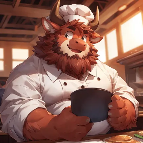 human nature, cannon, male, solitary, ((Round Face, Very plump face, thick beard)), ((endomorph body type, Handsome)), chef, ((domestic ox, ox) Fluffy fur, Fluffy), (In the school cafeteria),（ox头人,ox鼻子：1.5），high quality，Bokeh, (high quality, high resolutio...