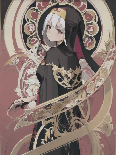 ((masterpiece, best quality)), 1girl, solo, white hair, short hair, undercut, red eyes, ((gold embroidered clothes:1.0), (black nun veil:1.0), (black cassock:1.0)), (art nouveau:1.3), detailed gold pattern background, looking back