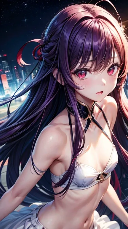 (highest quality: 0.8), (highest quality: 0.8), Perfect anime illustration, Close up portrait of beautiful woman walking in city。Very long purple hair、Flat stomach、Small breasts、赤面したRed eyes。 (((Browsing Caution))) Transparent white dress、Neon night city、U...