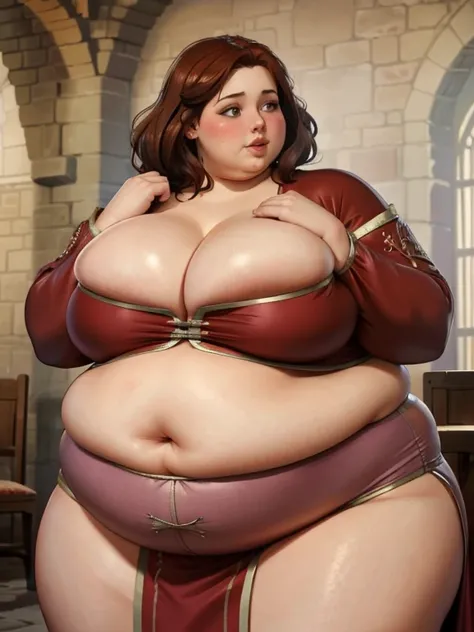 Fat triss merigold, blushing, embarrassed, big cheeks, traditional dress, Big lips, double chin, chubby body,bbw, morbidly obese, overstuffed belly, wet body, castle hall 