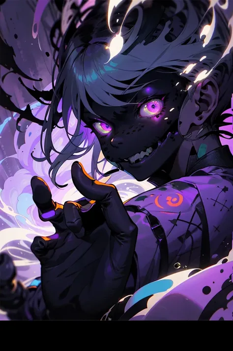 a creepy looking ((silhuette)) with ((purple gas flowing)) from their glowing eyes, with a purple background and a purple background, Ay-O, purple, a character portrait, vanitas, (crazy)