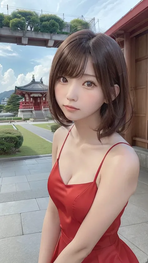 (8k, RAW Photo, Best Quality, Masterpiece: 1.3), breakone girl, (a beauty girl, delicate girl:1.3), (21 years old:1.5), break, (Red dress:1.5), break, Extremely fine grain definition, (Symmetrical eyes:1.3), break, Small breasts, Brown eyes, Parted bangs, ...