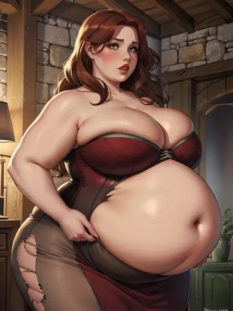 Fat pregnant triss merigold, red lipstick, eyeshadow, blushing, embarrassed, big cheeks,torn corset dress, Big lips, double chin, chubby body,bbw, morbidly obese, belly bursting out, castle hall 