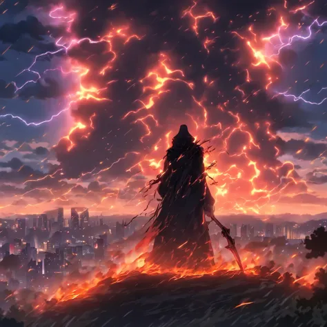 Person on a hill watching a city on fire during a lightning storm as the reaper with his scythe descends from the skies in a chariot.