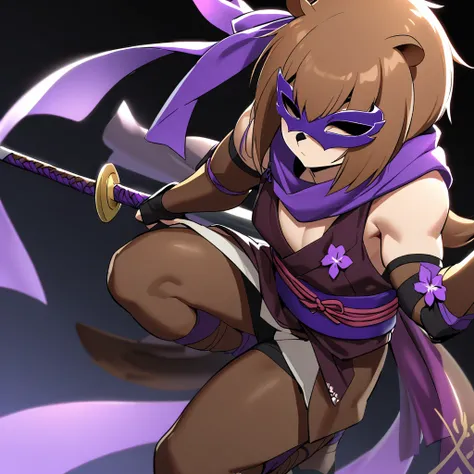 A teenage humanoid Capybara is a Sexy Ninja Assassin, He wears a violet flowing ribbon mask, violet sash, short coarse brown fur, and carries weapons