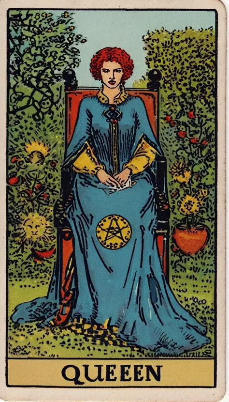 swholo sitting in the garden, "queen" article,  redhead,  (spicy tail:1.2), blue jacket outfit, lks73zb1, tarot card style ,