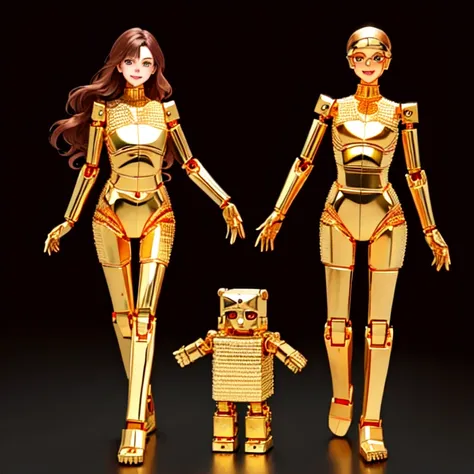 all female robots, 
Brown Hair,
 Wavy Hair,
 Hazel Eyes,
 Very detailed,
 smile,
 Everyone is a machine except for their faces.,
 All have mechanical limbs,
 No clothes for everyone,
 All exposed internal skeletons,
 All gold frames,
 Full Body Shot,
