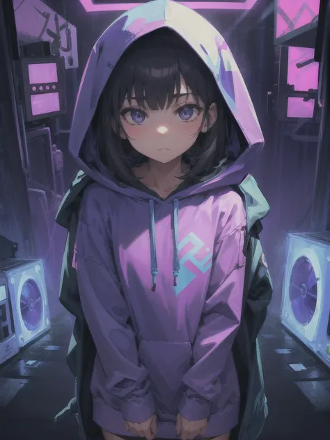 Girl, Hoodie, cool, blacklight, hood down