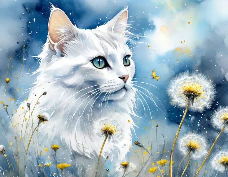 Watercolor and wet ink oil, wind art, etheral atmosphere.  Background gray blue cloudy. Splatters, faerie dust and gold lines. Foreground  a white cat sitting staring in the sky the dandelions seeds as faerie dust with some daisie and dandelions. Pastel an...