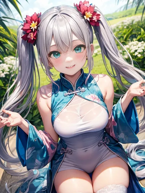 小さなgirl、Small breasts、The arrival of spring、Thick thighs、 (alone:1.5,)Very detailed,Bright colors, Very beautiful detailed anime faces and eyes, Look straight ahead,, Shiny_skin,girl, ((Silver long hair,The inner color is red)) 、Forehead is exposed.、Green ...