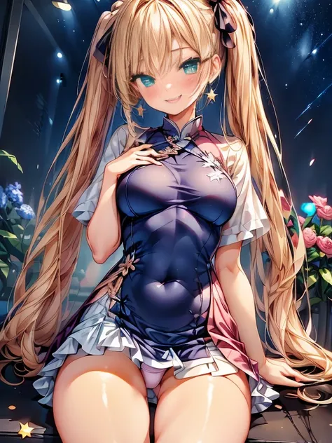 (((小さなgirl)))、The arrival of spring、Thick thighs、 (alone:1.5,)Very detailed,Bright colors, Very beautiful detailed anime faces and eyes, Look straight ahead, ;d, Shiny_skin,girl, ((Silver long hair,The inner color is red 、Forehead is exposed.、Green Eyes、Gl...