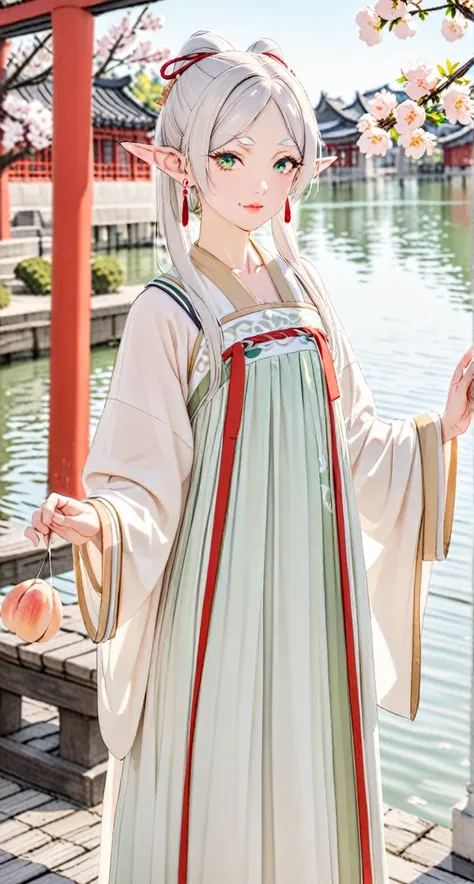 1girl,(frieren),mature female,elf,solo,bangs,green_eyes,white hair,long hair,thick lips,parted bangs,pointy ears,blue_flower,beautiful detailed_background,small breasts,butterfly,(green and white gorgeous hanfu, song style outfits),gold trim,short coat, pl...