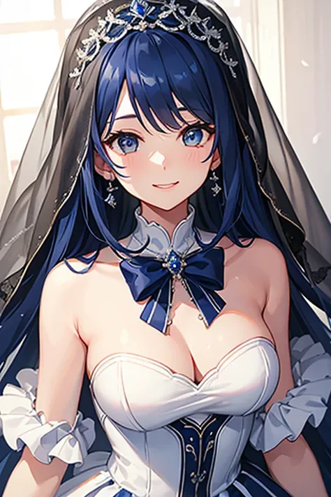 Virtual Singer,Navy Blue Hair,Wedding dress,Veil,Side braid,White clothes,smile,fine,highest quality, masterpiece,cute