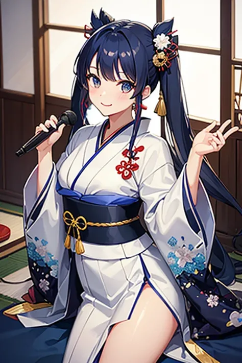 Virtual Singer,Navy Blue Hair,kimono,Japanese style,Twin tails,Side braid,White clothes,smile,fine,highest quality, masterpiece,cute