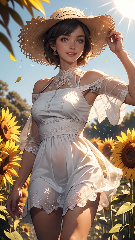 Send it,One girl,alone, (White lace dress:1.2),loose fitting dress (sun visor hat:1.2), Sunflower field, Under the sunlight, A light smile,View your viewers, Wind, dynamic, Strong light and shadow,dynamic pose,