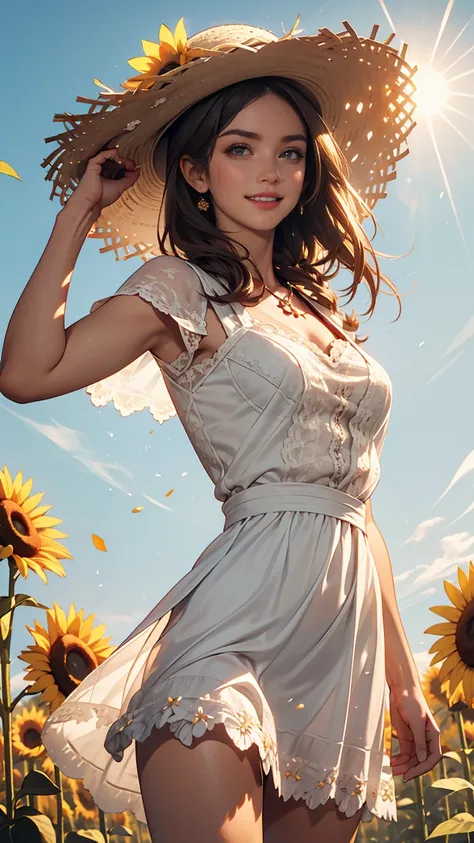 Send it,One girl,alone, (White lace dress:1.2),loose fitting dress (sun visor hat:1.2), Sunflower field, Under the sunlight, A light smile,View your viewers, Wind, dynamic, Strong light and shadow,dynamic pose,