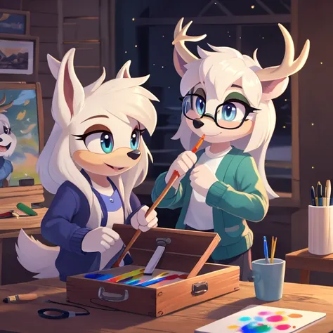 wendigo mobian, white hair, long hair, glasses, brown stag horns, aqua eyes, 4k, blue cardigan, white ears, easel, paintbrush