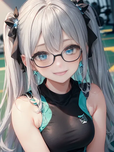 小さなgirl、The arrival of spring、Thick thighs、 (alone:1.5,)Very detailed,Bright colors, Very beautiful detailed anime faces and eyes, Look straight ahead, ;d, Shiny_skin,girl, ((Silver long hair,The inner color is red 、Forehead is exposed.、Green Eyes、Glasses、...