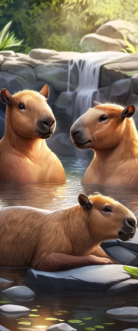 ((Masterpiece, top quality, high resolution)), ((highly detailed CG unified 8K wallpaper)), A capybara, Relaxing in a hot spring bath, towel on head and soaking in hot water,