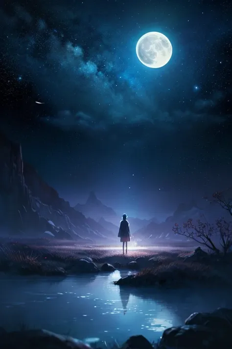 A condensed beauty of a painting of a river and the stars and moon in the sky, Concept art inspired by Mitsuoki Tosa, pixiv Contest Winner, highest quality, Fantasy art, Beautiful anime scene, Bright moon circle, Starry Sky environment in the moonlight, Dr...