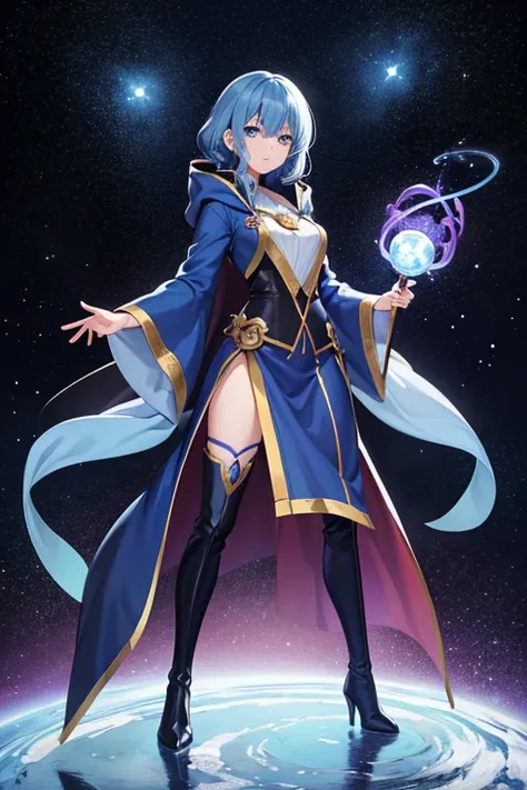 Anime Art、Full body portrait、Space SF Witch、A female wizard, about 46 years old, standing upright, about 170cm tall, wearing a blue robe and holding a wand、Expressionlesedium length, curly, blue hair、Blue Eyes、Thigh-high boots