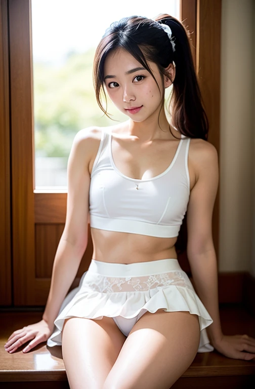 Real photoReal photo、Highest imYear quality、Realistic、mini skirt、Beautiful woman、Sleeveless、No sleeve、Holding、Big 、Beautiful thighs、beautiful white panties、Beautiful Face、パンティが見える程短いmini skirt、本当の私は何Yearも、連邦軍の制服mini skirt、ponytail、Yuriko Yoshitaka、16 year ...