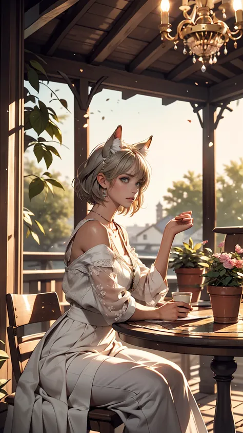 masterpiece, highest quality,Very detailed,Hyper Details, cinematic Light,, One girl, alone, sit, Outdoor, Summer House, sitting in the Summer House,  plant, table, chandelier, Candles, Wind, Green Eyes, pangreen silver hair, short hair, animal_ears, anima...