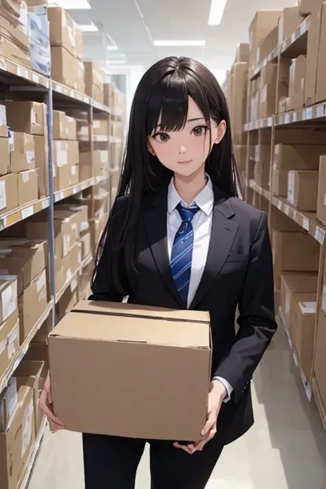 (8K), (best quality), (muste piece: 1.2)　((Hold the cardboard with both handale employee in a suit))、Company aisles