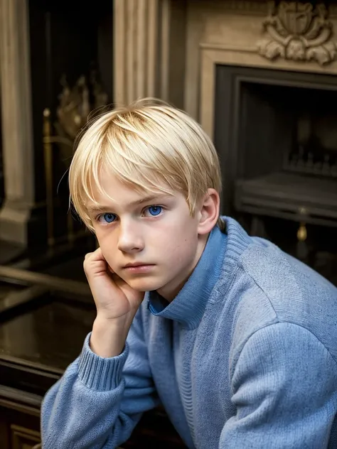 A 10-year-old boy next to a large fireplace, elegant and old, white skin, blonde hair, blue eyes, fine features, handsome boy, shy look, sad and serious, very elegant clothes, fine Londoner, sentimental, a lot of feeling and sadness in his sweet and tender...