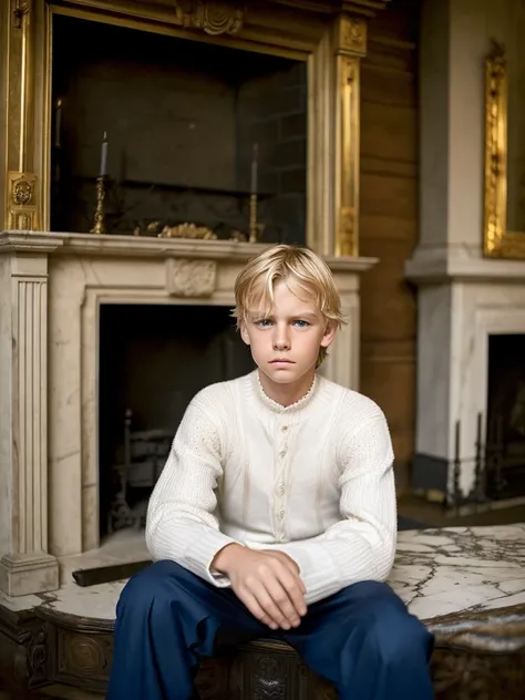 A 10-year-old boy next to a large fireplace, elegant and old, white skin, blonde hair, blue eyes, fine features, handsome boy, shy look, sad and serious, very elegant clothes, fine Londoner, sentimental, a lot of feeling and sadness in his sweet and tender...