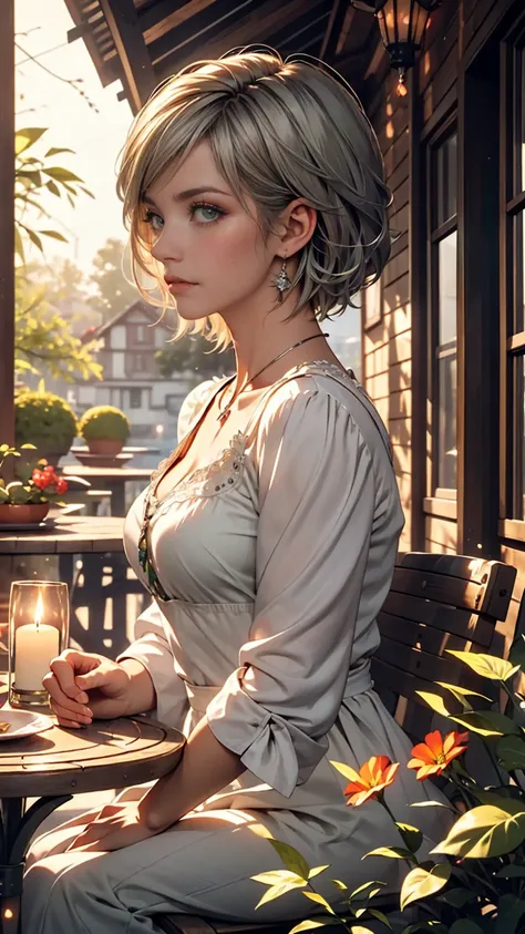 masterpiece, highest quality,Very detailed,Hyper Details, cinematic Light,, One girl, alone, sit, Outdoor, Summer House, sitting in the Summer House,  plant, table, chandelier, Candles, Wind, Green Eyes, pangreen silver hair, short hair, floating hair, Lig...