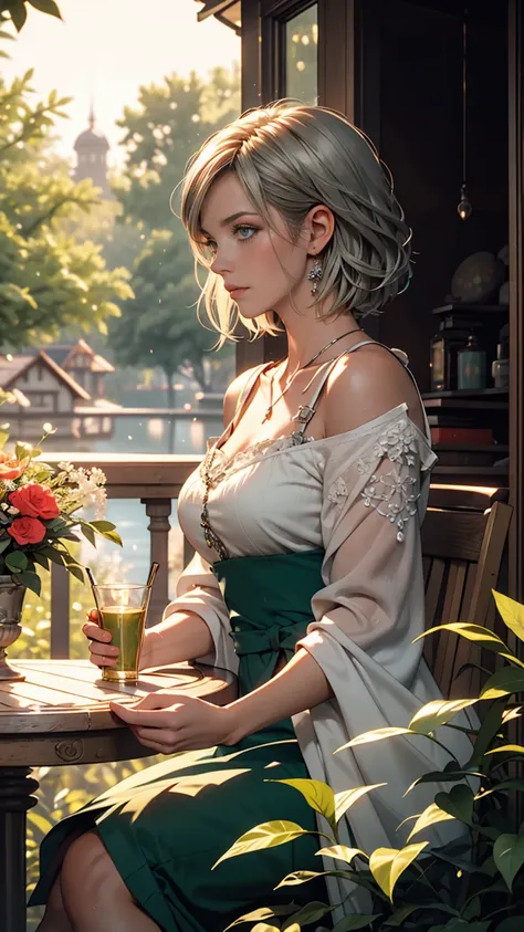 masterpiece, highest quality,Very detailed,Hyper Details, cinematic Light,, One girl, alone, sit, Outdoor, Summer House, sitting in the Summer House,  plant, table, chandelier, Candles, Wind, Green Eyes, pangreen silver hair, short hair, floating hair, Lig...