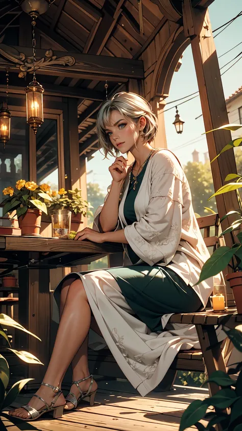 masterpiece, highest quality,Very detailed,Hyper Details, cinematic Light,, One girl, alone, sit, Outdoor, Summer House, sitting in the Summer House,  plant, table, chandelier, Candles, Wind, Green Eyes, pangreen silver hair, short hair, floating hair, Lig...