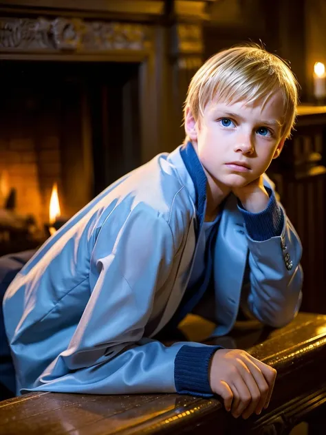 A 10 year old boy next to a large fireplace elegant and old white skin light blonde hair blue eyes fine features handsome boy shy gesture sad with fear and serious very elegant clothes fine Londoner candlelight at night with heavy rain outside alone very a...