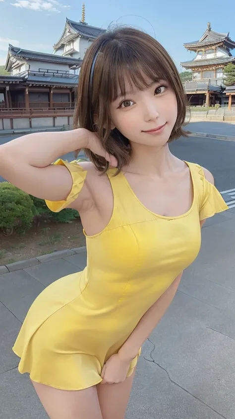 (8k, RAW Photo, Best Quality, Masterpiece: 1.3), breakone girl, (a beauty girl, delicate girl:1.3), (21 years old:1.5), break, (Yellow short-sleeved dress:1.5), break, Extremely fine grain definition, (Symmetrical eyes:1.3), break, (Small breasts:1.3）, Bro...