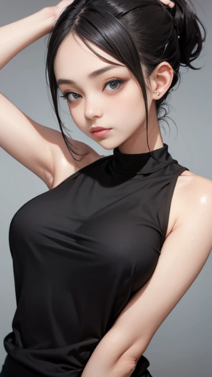 cute girl armpit, indonesian face 22 yo, sweat armpit, wearing loose black tanktop, wrinkles armpits