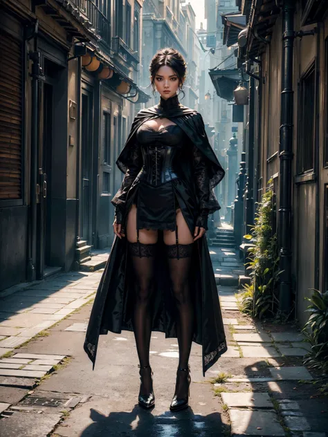 ((show full body from head to toe, standing, body facing to the viewer (show front body)). Tall body, fit body, slender body, medium breast. A female wizard wearing black clothes, long sleeves(lace sleeves), skirts, corset, cloak, robes, cape, gloves, stoc...