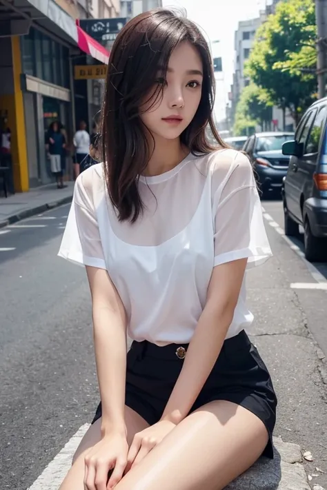 beautiful girl, sitting on the street, wear short shirts, wear see-through underwear, no pants, Sit with legs wide apart, elegant face, glowing smooth skin, Ánh nắng rực rỡ, The photo exudes youthfulness, full of vitality of a growing girl. The shirt has s...