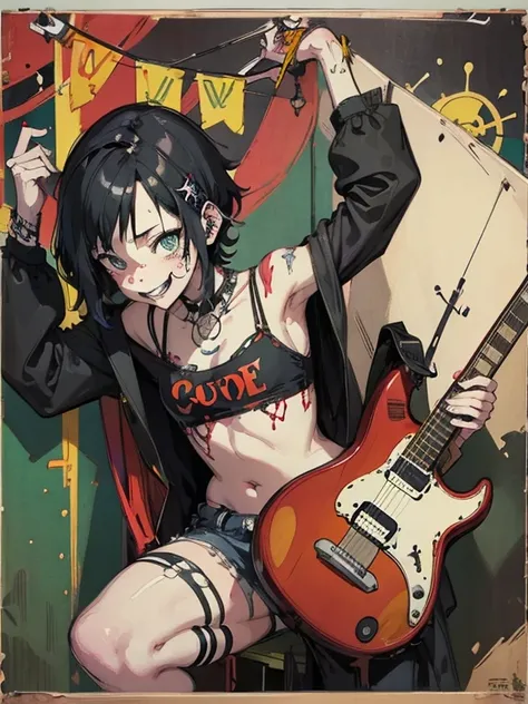 （Browsing Caution）((Hardcore Punk Girl))、((British punk rock girl)), ((Circus)), ((play the guitar)),Manga style, Horror elements, Comic style illustration, (drawing style), Japanese painting, whole body (spooky), Japan sculpture, primitive art, Circus, cr...