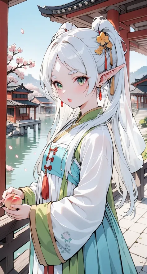 1girl,(frieren),mature female,elf,solo,bangs,green_eyes,white hair,long hair,twintails,thick lips,parted bangs,pointy ears,blue_flower,beautiful detailed_background,small breasts,butterfly,(green gorgeous hanfu, song style outfits),gold trim,short coat, pl...