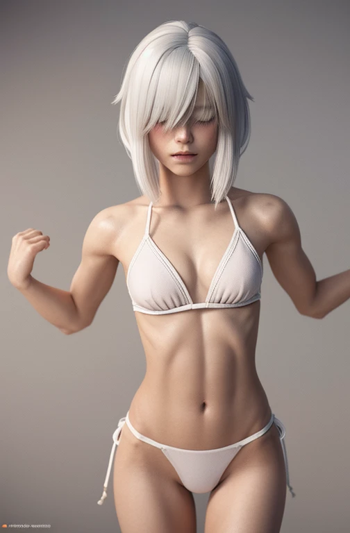 (fantasy,high detail),3D render,femboy with hair over eyes, white hair, micro bikini bottom with bulge