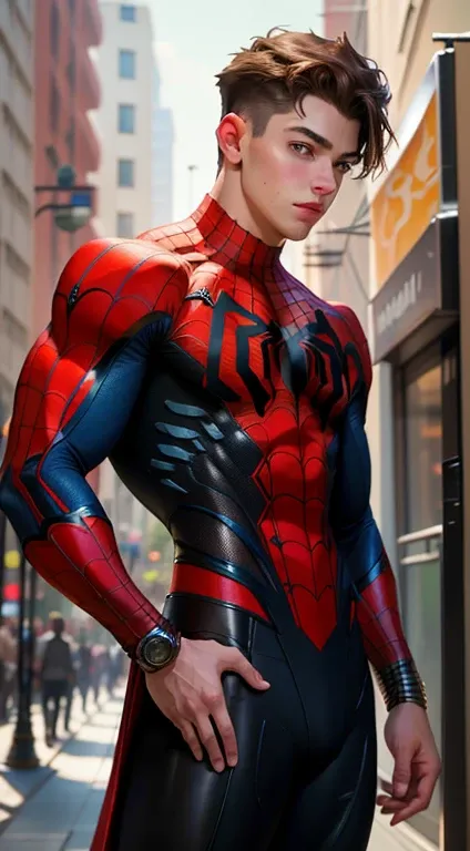 raw photo, Handsome young man ,detailed body contours with Spider-Man cosplay, very large bulge in pants