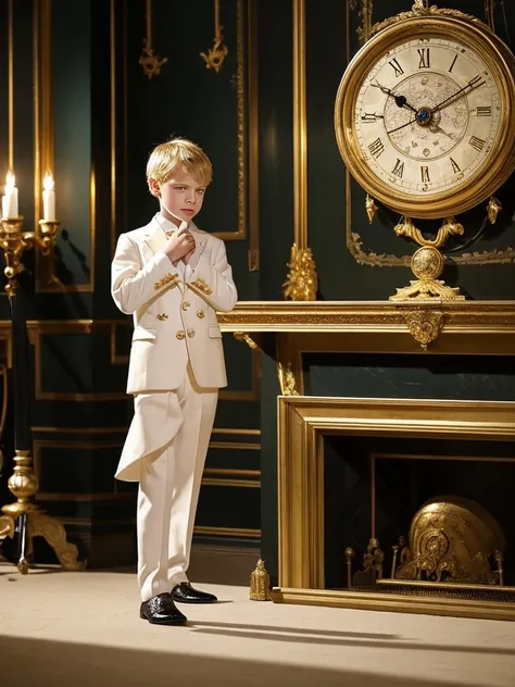 A 10 year old boy crying blond boy with blue eyes very white skin very beautiful and tender face in a large and elegant room with elegant clothes male Londoner at night next to a large and elegant fireplace next to a large pendulum clock