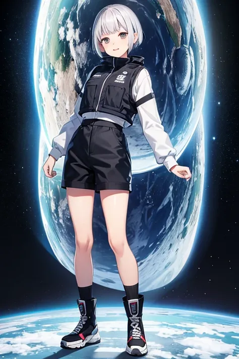 Anime Art、Full body portrait、Space SF security guard、A woman around 14 years old, standing upright, about 145cm tall, wearing silver shorts、Laughing with mouth open、Short-cut silver hair、Flat chest、Silver Eyes、sports boots、Bulletproof vest、